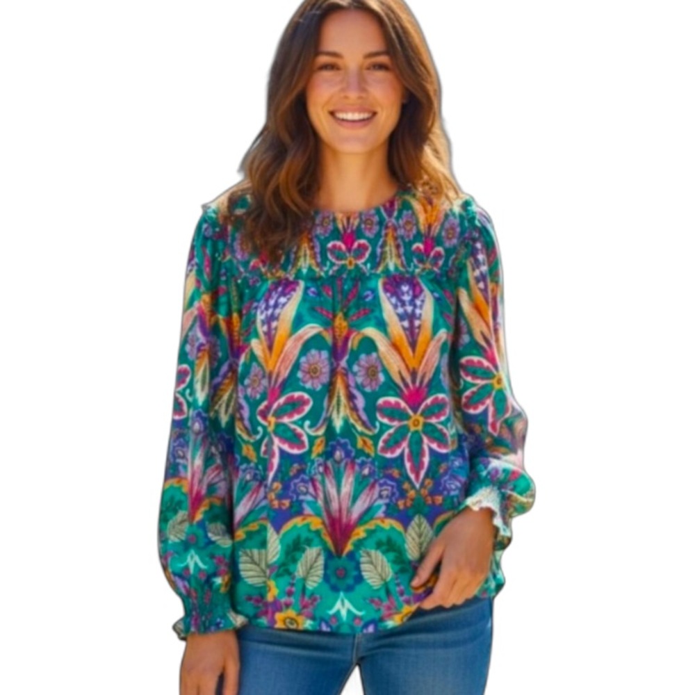 Nicole Miller Abbie Chiffon Top NWT with attached camisoles blue green floral L